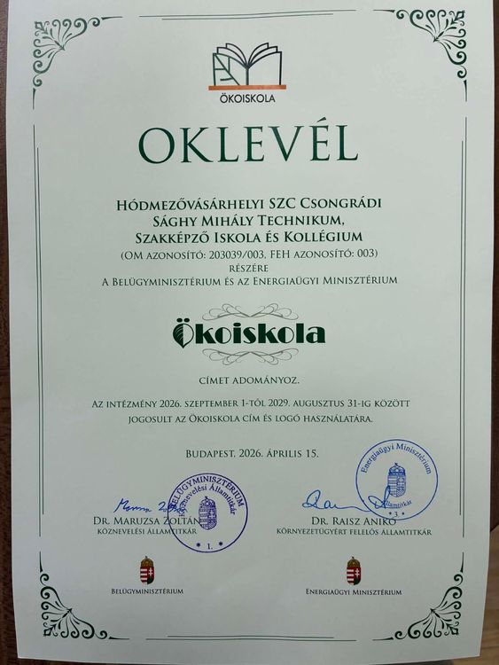 Ökoiskola cím elnyerése