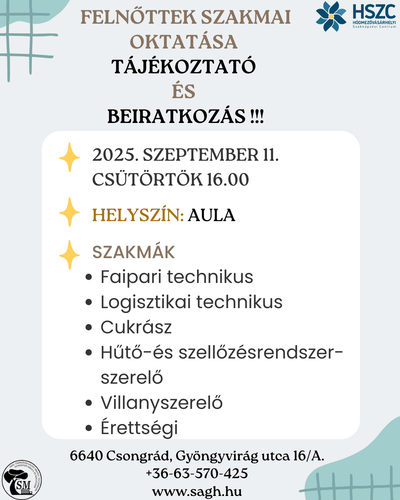 Felnőttek szakmai oktatása tájékoztató és beiratkozás